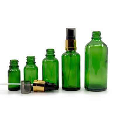 Sklenená fľaška, zelená, čierno-zlatý lesklý dávkovač, 100 ml