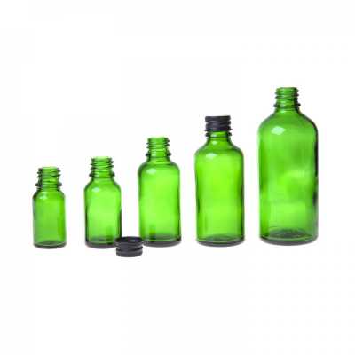 Sklenená fľaška, zelená, čierny hliníkový vrchnák, 15 ml