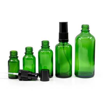 Sklenená fľaška, zelená, čierny rozprašovač, čierny vrch, 10 ml