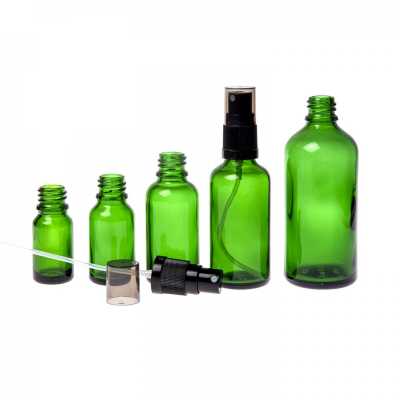 Sklenená fľaška, zelená, čierny rozprašovač, dymový vrch, 100 ml