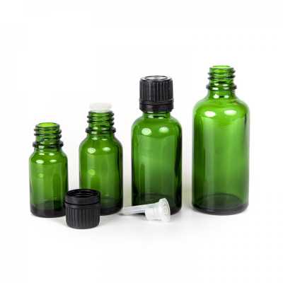 Sklenená fľaška, zelená, čierny vrchnák s kvapátkom, 10 ml