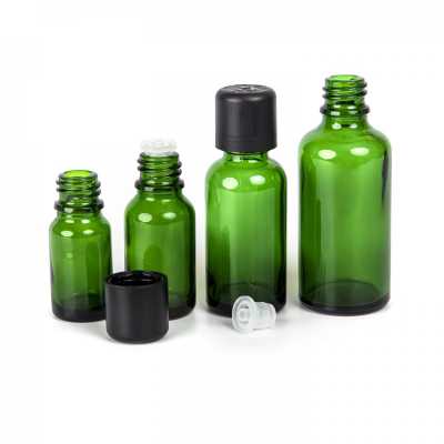 Sklenená fľaška, zelená, čierny vrchnák s poistkou, 100 ml