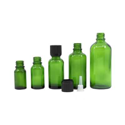 Sklenená fľaška, zelená, čierny vrúbkovaný vrchnák s poistkou, 10 ml