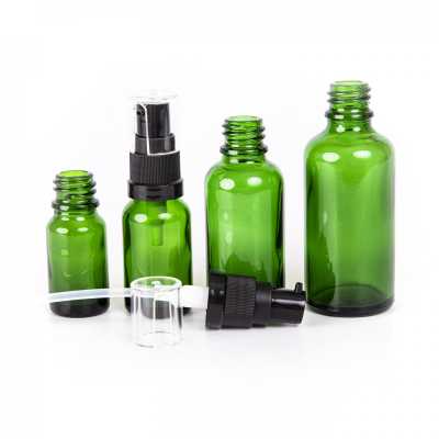Sklenená fľaška, zelená, dávkovač olejov, 10 ml