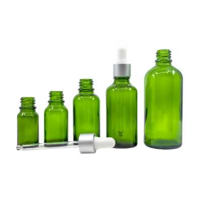 Sklenená fľaška, zelená, strieborné matné kvapátko, 10 ml