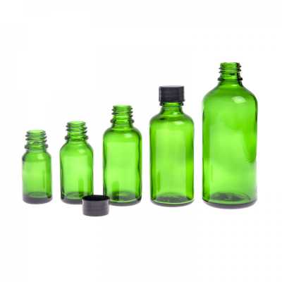 Sklenená fľaška, zelená, vrchnák čierny, 100 ml