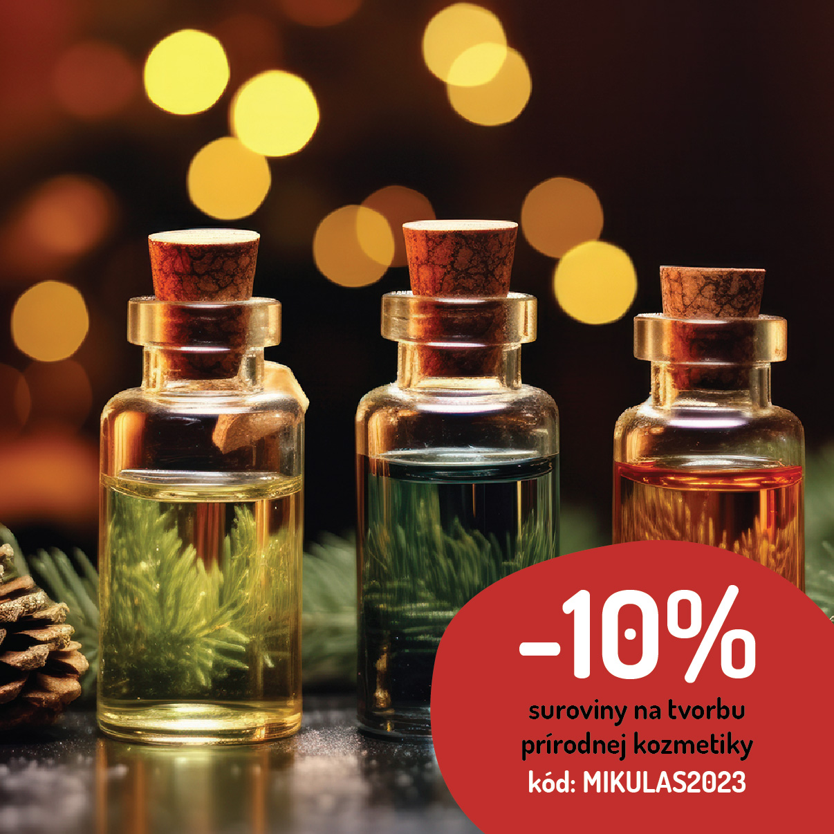 Mikulášska zľava -10% v Handymade na všetky suroviny na tvorbu prírodnej kozmetiky so svetielkami a voňavými éterickými olejmi v sklenených fľaštičkách.